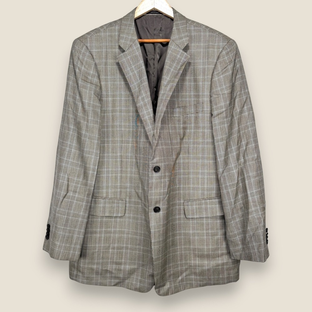 John W Nordstrom Wool Silk Sport Coat Blazer Men 46L Brown Gray Plaid 2 Button